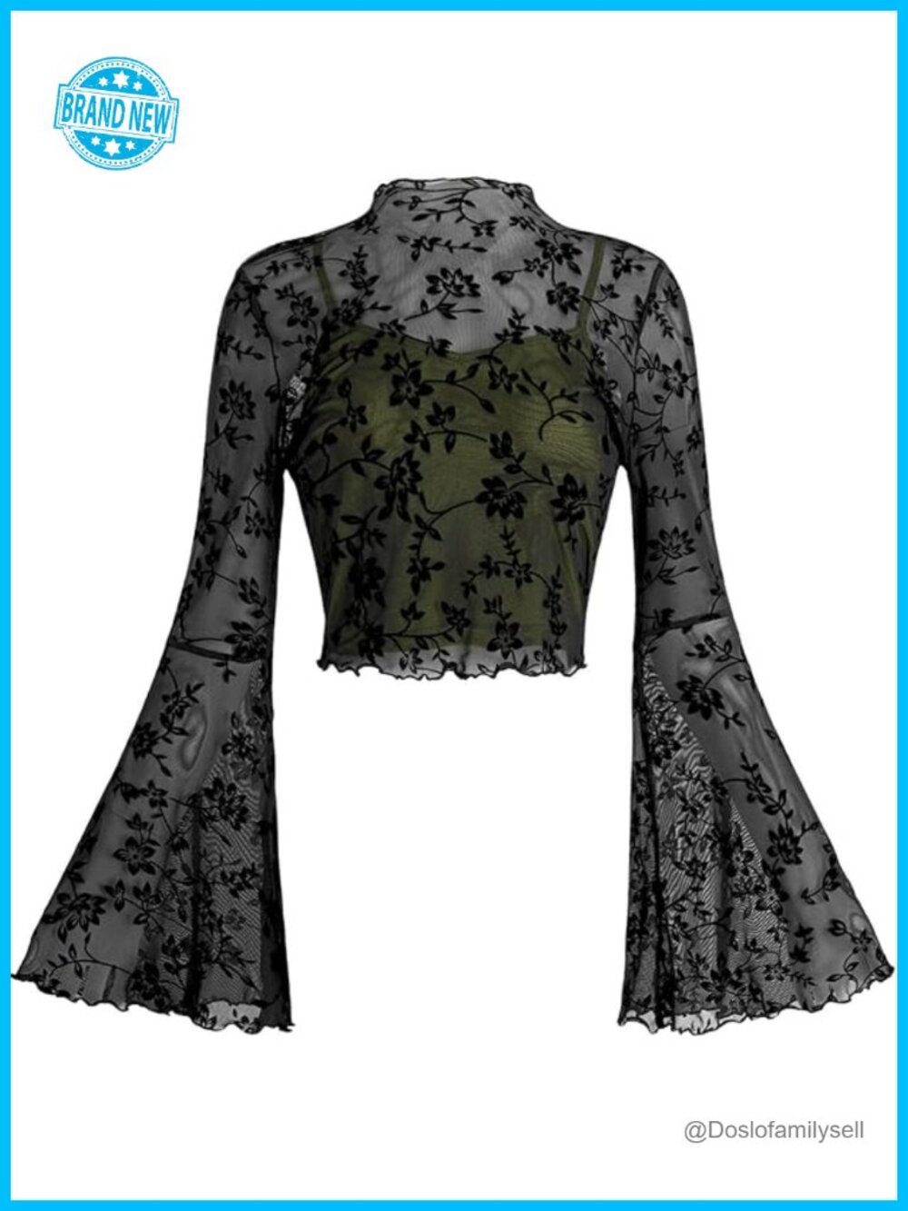 Mesh Long Bell Sleeve Crop Top Floral Print See Through Y2K Gothic Concert Boho